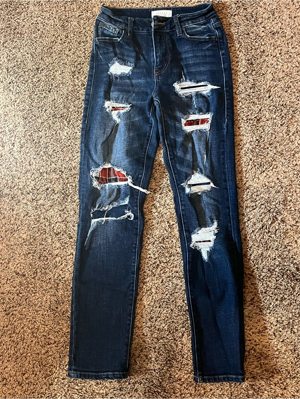 Dark Blue Straight Leg Jeans with Red Plaid Patch Detail